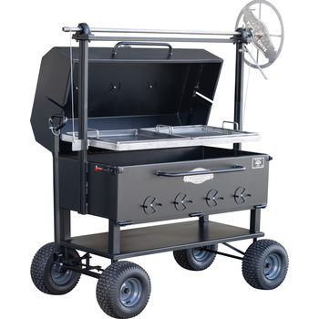 Meadow Creek SM48 Santa Maria Grill With Optional Hinged Lid With Thermometer, Half Seafood Grate, and Half Griddle