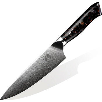 SpitJack Deluxe 8" Chef's Knife with Stainless Damascus Steel Blade and Carbon Fiber Handle